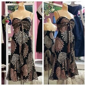 Vintage Y2K 2000s Slinky Strappy Fairy Midi Dress Black Floral Whimsy M